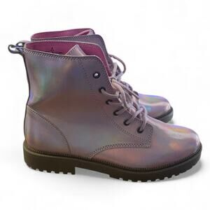 Old Navy Girls Combat Boots Size 4 Shimmer Pink Metallic Lace Up Girl Glam NEW